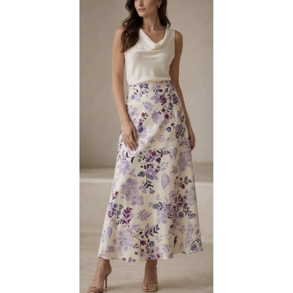Vtg Ann Taylor 100% Silk Floral Maxi Skirt 6 Cottagecore Fairycore Pastel Purple